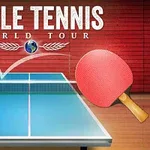 탁구대 앞에 두 개의 탁구채와 날아가는 공이 있으며, 배경에는 TABLE TENNIS WORLD TOUR라는 글자가 있다