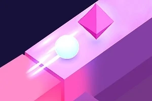 어두운 배경에서 핑크색 길 위를 움직이는 빛나는 흰색 공과 빠져나가는 형태의 분홍색 피라미드 도형
