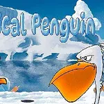 얼음 배경 앞에서 펭귄과 갈매기가 마주 보고 있는 장면