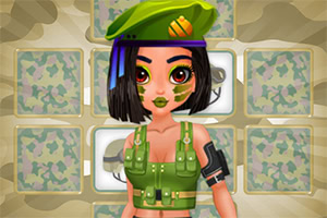 짧은 머리와 녹색 군복을 입고 카모플라주 배경 앞에 서 있는 캐릭터