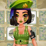 짧은 머리와 녹색 군복을 입고 카모플라주 배경 앞에 서 있는 캐릭터