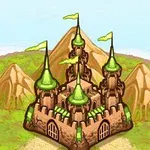 녹색 깃발이 달린 성이 산과 푸른 풍경을 배경으로 서 있다