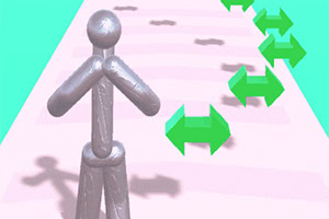 회색의 인간형 조각상 옆에 초록색 화살표가 있는 분홍색 배경