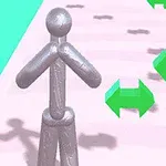 회색의 인간형 조각상 옆에 초록색 화살표가 있는 분홍색 배경