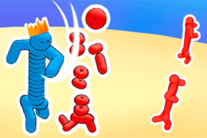 왕관을 쓴 파란 색의 피규어와 여러 개의 빨간 색 피규어들이 있는 장면