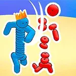 왕관을 쓴 파란 색의 피규어와 여러 개의 빨간 색 피규어들이 있는 장면