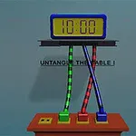 벽에 설치된 디지털 시계 아래 여러 가지 색상의 케이블이 엉켜 있는 모습