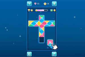 파란 배경 위에 여러 색상의 삼각형 조각들로 완성된 십자가 모양 퍼즐이 있으며, 하단에는 손 모양의 커서가 삼각형 조각을 가리키고 있습니다
