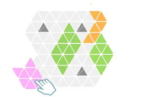 삼각형 타일로 구성된 퍼즐 판과 손 모양 커서가 핑크색 타일을 가리키고 있습니다