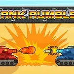 빨간 탱크와 파란 탱크가 사막 배경에서 서로 포를 발사하는 장면