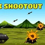 녹색 들판 위의 탱크가 포탄을 발사하고 있으며, 배경에는 산과 폭발이 있습니다