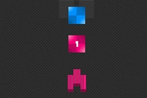 검정 배경 위에 파란색 사각형, 숫자 1이 적힌 분홍색 사각형, 분홍색 픽셀화된 비행기 모양이 수직으로 배열되어 있습니다