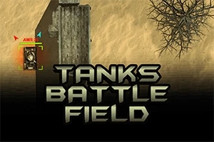 탱크와 건물 잔해, 오른쪽에 나무가 있는 사막 배경 위에 TANKS BATTLE FIELD라는 텍스트