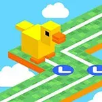 노란색 픽셀 스타일의 오리가 구름과 함께 초록색 경로 위를 걷고 있는 이미지