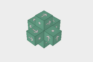 녹색 큐브들이 방향 화살표와 점으로 이루어진 3D 배열