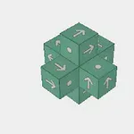 녹색 큐브들이 방향 화살표와 점으로 이루어진 3D 배열