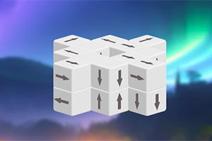 흰색 화살표가 그려진 큐브 형태의 블록이 파스텔 색상의 하늘을 배경으로 배열되어 있습니다