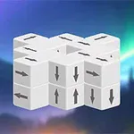 흰색 화살표가 그려진 큐브 형태의 블록이 파스텔 색상의 하늘을 배경으로 배열되어 있습니다