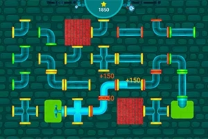 녹색 배경 위에 다양한 색상의 관과 벽돌 모양이 배열되어 있는 퍼즐 이미지