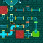 녹색 배경 위에 다양한 색상의 관과 벽돌 모양이 배열되어 있는 퍼즐 이미지