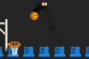 농구공이 농구 골대에 들어가는 장면과 파란색 좌석들이 있는 이미지