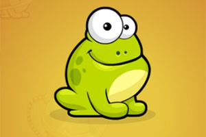 초록색 배경에 커다란 눈을 가진 귀여운 만화 개구리