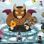 거대한 황소 머리에 날개가 달린 괴물이 여러 캐릭터들과 함께 눈 덮인 배경에서 대치하고 있는 장면