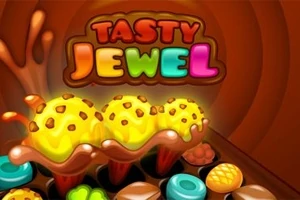 다채로운 색상의 배경에 Tasty Jewel이라는 텍스트와 함께 초콜릿을 둘러싼 여러 개의 노란색 아이스크림과 사탕들