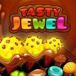 다채로운 색상의 배경에 Tasty Jewel이라는 텍스트와 함께 초콜릿을 둘러싼 여러 개의 노란색 아이스크림과 사탕들