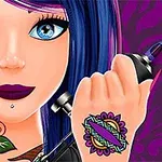 파란 눈과 검은 머리를 가진 캐릭터가 문신 도구를 손에 들고 있으며, 어깨와 손에 화려한 문신이 있는 모습