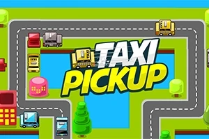 도로 위에 여러 대의 택시와 TAXI PICKUP이라는 글자가 중앙에 있는 밝고 색감이 풍부한 이미지