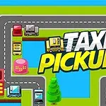 도로 위에 여러 대의 택시와 TAXI PICKUP이라는 글자가 중앙에 있는 밝고 색감이 풍부한 이미지