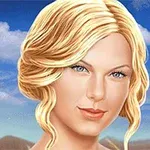 금발 머리와 파란 눈을 가진 여성이 푸른 하늘 배경 앞에 있는 이미지