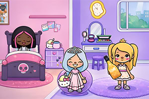 두 명의 소녀가 장식된 방에서 즐겁게 지내고 있으며, 한 명은 침대에서 자고 있고 다른 한 명은 음료수 병을 들고 있습니다