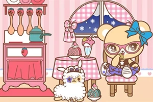 핑크색 배경의 주방에서 곰 인형과 양이 있는 귀여운 일러스트