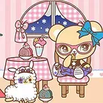 핑크색 배경의 주방에서 곰 인형과 양이 있는 귀여운 일러스트