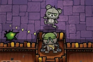 보라색 벽돌 바닥 위에 회색 곰 캐릭터와 초록색 투구를 쓴 캐릭터가 나무 요새 앞에 있는 장면