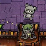 보라색 벽돌 바닥 위에 회색 곰 캐릭터와 초록색 투구를 쓴 캐릭터가 나무 요새 앞에 있는 장면