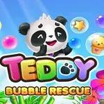 나무와 꽃 사이에 서 있는 판다가 웃고 있으며, 다양한 색상의 거품 속에 곰 인형과 별 모양이 포함되어 있는 모습