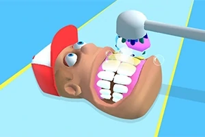 애니메이션 스타일의 인물이 실내에서 입을 벌린 채 치아를 클로즈업으로 보여주고 있으며, 위에서 치과 도구가 접근하고 있다