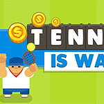 테니스 선수 캐릭터가 라켓을 들고 있으며, 위쪽에는 TENNIS IS WAR 텍스트와 동전 아이콘이 있는 이미지