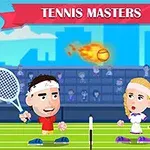 두 명의 만화 스타일 테니스 선수들이 코트에서 불타는 공을 주고받는 모습