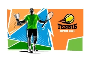 형광 녹색 셔츠를 입은 사람이 테니스 라켓과 트로피를 들고 있는 모습의 일러스트로, 배경에는 다양한 색상과 TENNIS OPEN 2021 텍스트가 포함되어 있습니다