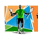 형광 녹색 셔츠를 입은 사람이 테니스 라켓과 트로피를 들고 있는 모습의 일러스트로, 배경에는 다양한 색상과 TENNIS OPEN 2021 텍스트가 포함되어 있습니다