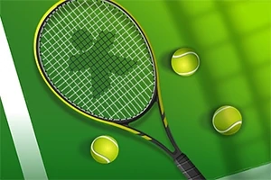 녹색 테니스 코트 위에 놓인 테니스 라켓과 테니스 공들