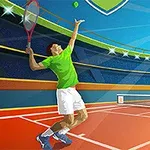 두 사람이 테니스 코트에서 경기하는 장면으로, 한 선수는 서브를 준비하고 있습니다