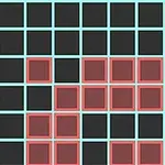 검은색 배경에 빨간색 사각형이 포개진 6x6 격자 모양