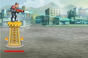 타워 위에서 총을 든 남자가 거리의 배경에서 사격 포즈를 취하고 있는 모습