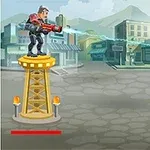 타워 위에서 총을 든 남자가 거리의 배경에서 사격 포즈를 취하고 있는 모습