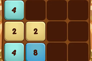 갈색 배경의 격자 안에 파란색과 베이지색 타일에 숫자 2, 4, 8이 적혀 있다